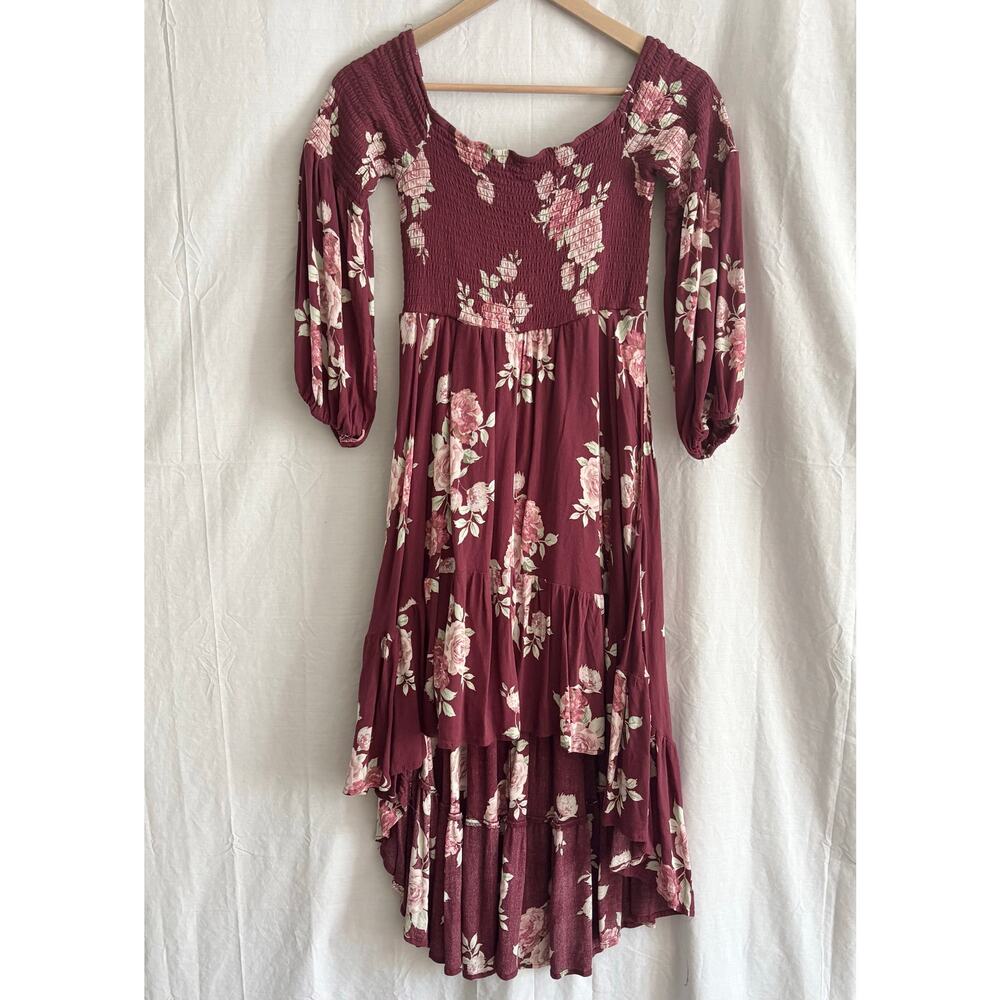 Coco + Jamieson sz Med Burgundy Floral Cottagecore high low dress boho feminine